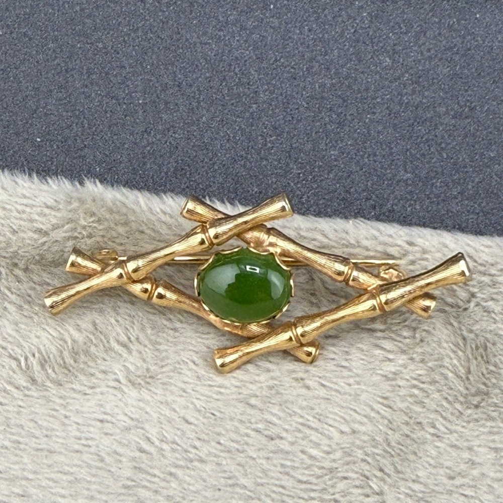 Vintage Gold Filled Brooch‎ Green Bamboo